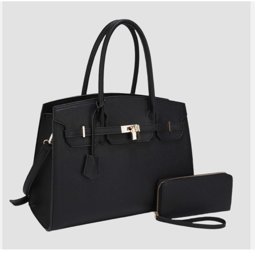 Luxurious Black Faux Leather Satchel with Gold Tone Hardware